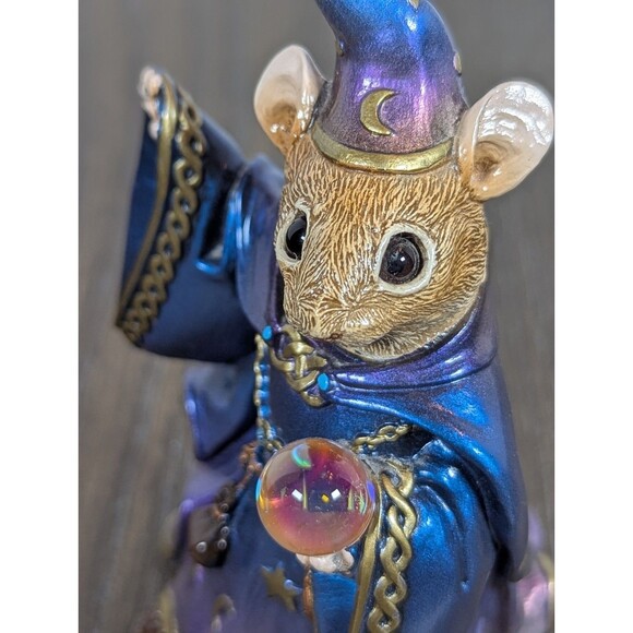 VTG Windstone Editions MOUSE WIZARD Figurine Peacock Colors Pena 1997 Glass Orb - Picture 3 of 7
